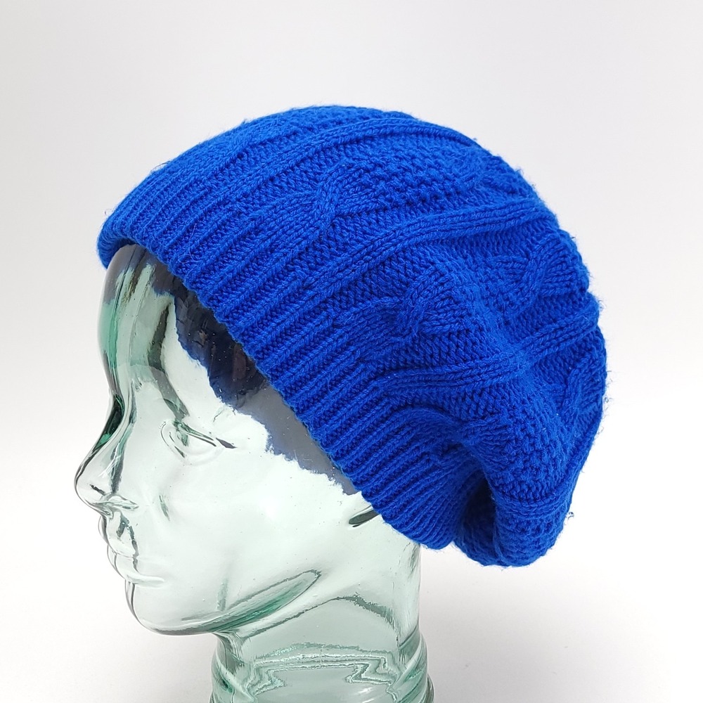 Aris Slouchy Knit Beanie Hat Acrylic Blue Boho